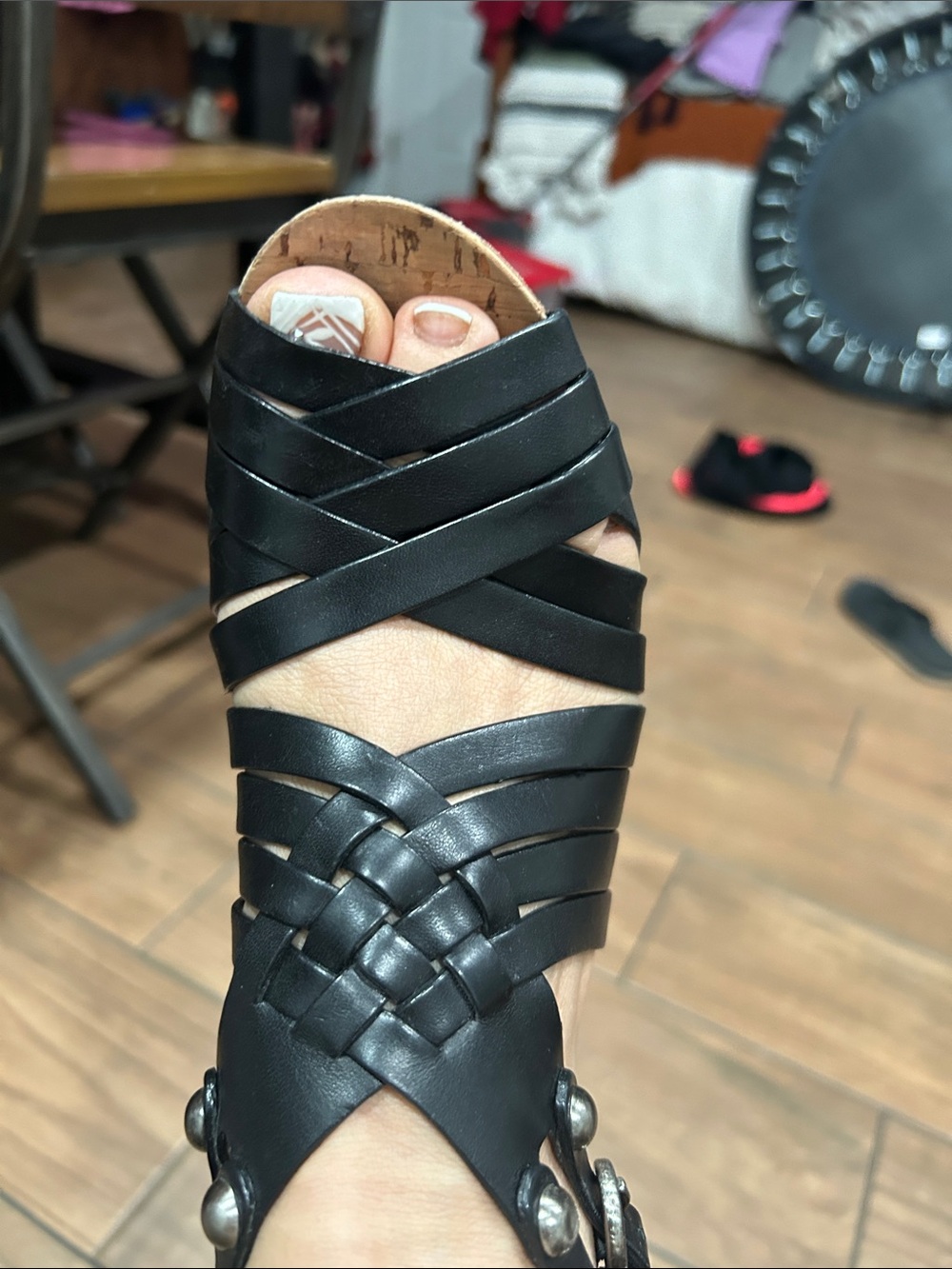 Coach Black Leather Strappy Sandals with Wood-Tone Block Heel - Picture 10 of 13